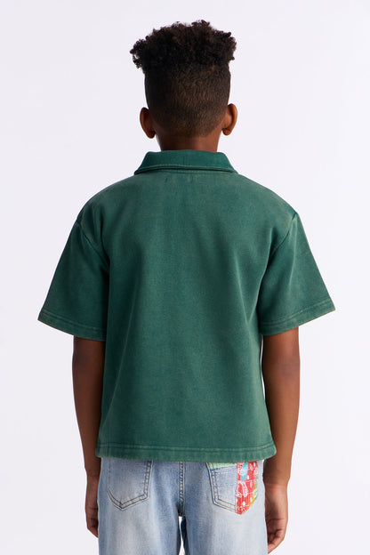 Mini Heavy Wash Oversized Full Zip Polo - Green