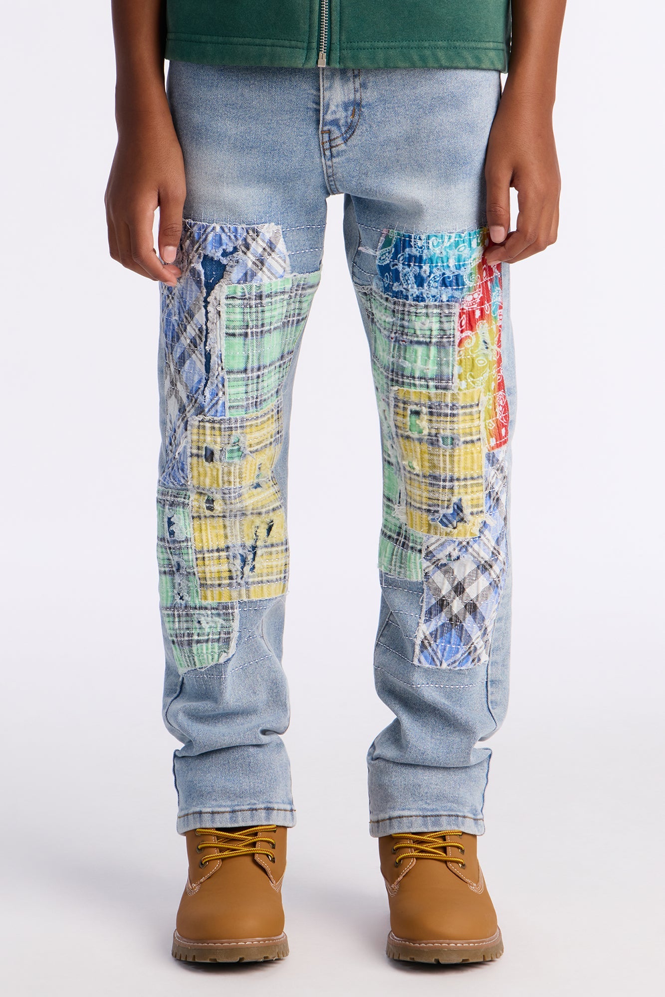 Mini Relaxed Straight Stitched Patched Jean - Light Blue Wash