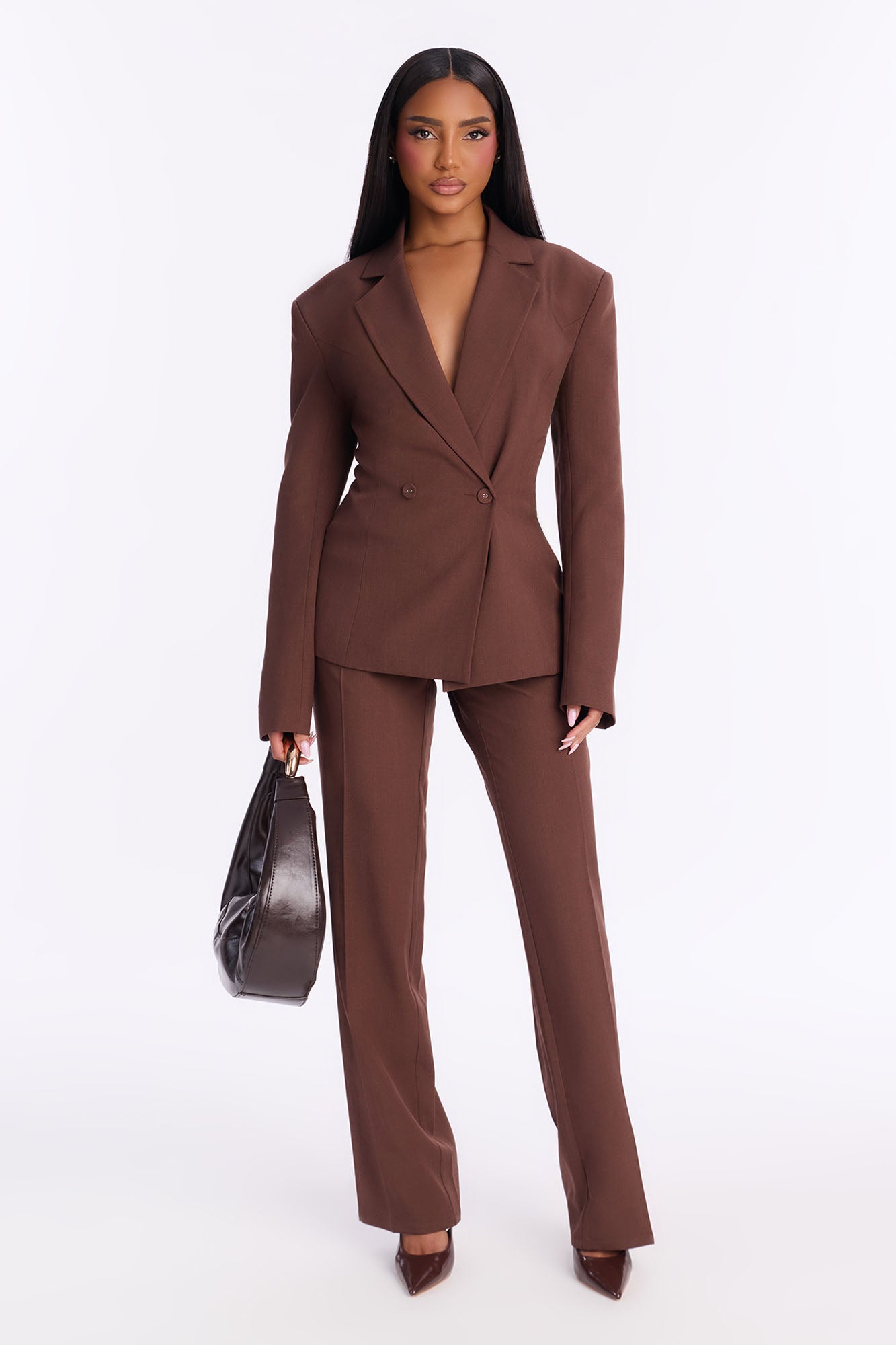 High Authority Bold Shoulder Blazer Pant Set - Brown