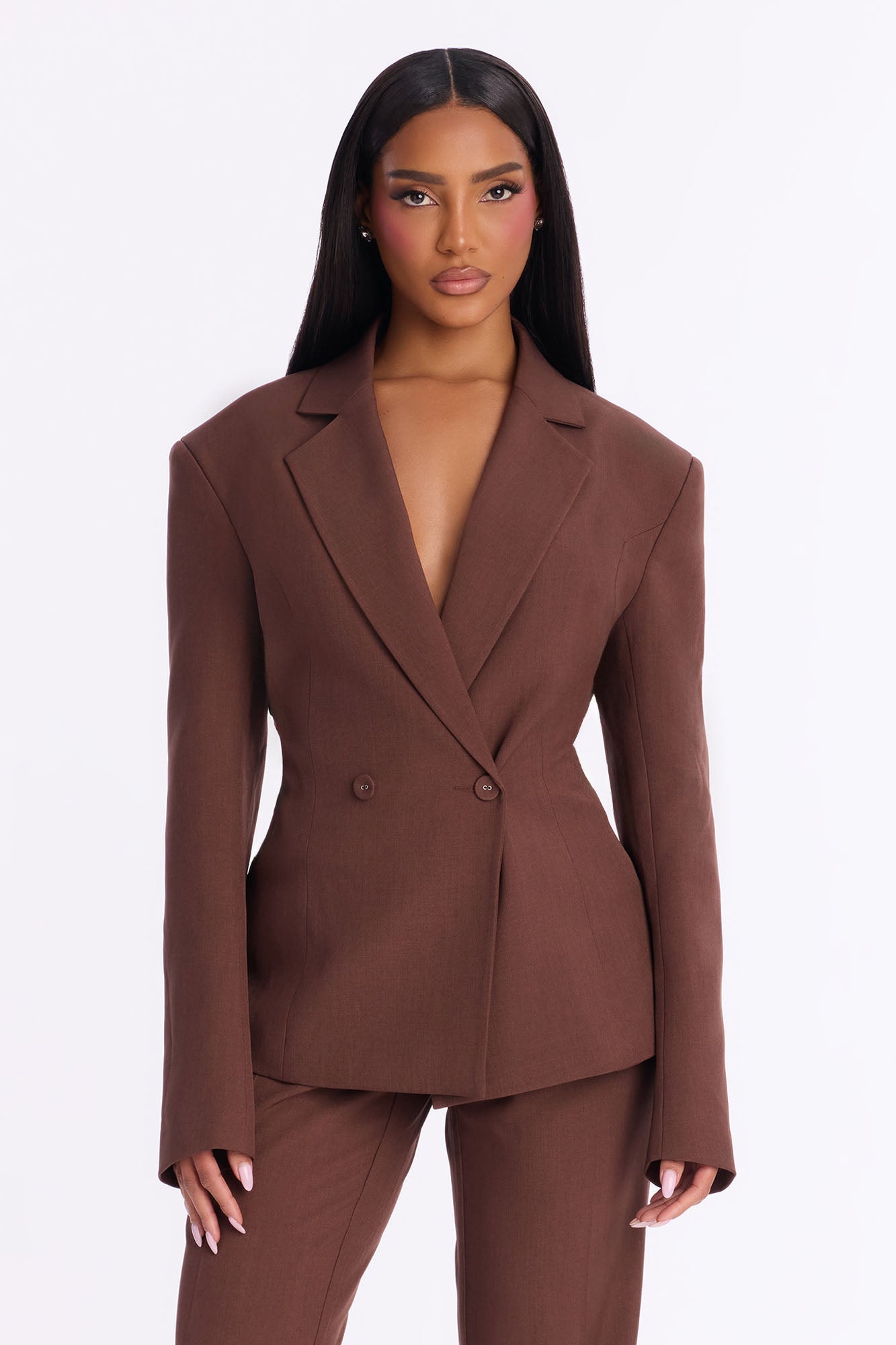 High Authority Bold Shoulder Blazer Pant Set - Brown