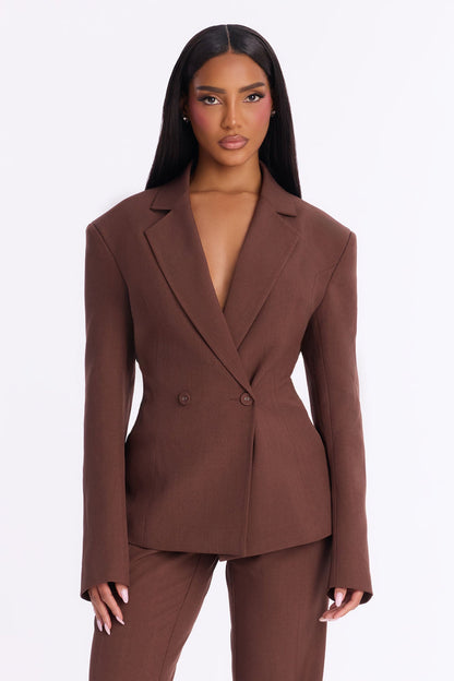 High Authority Bold Shoulder Blazer Pant Set - Brown