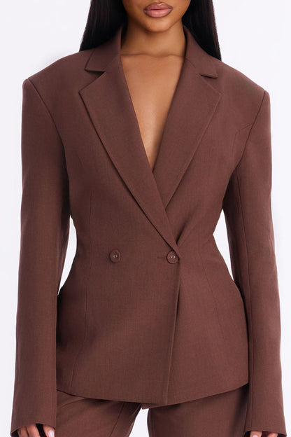 High Authority Bold Shoulder Blazer Pant Set - Brown