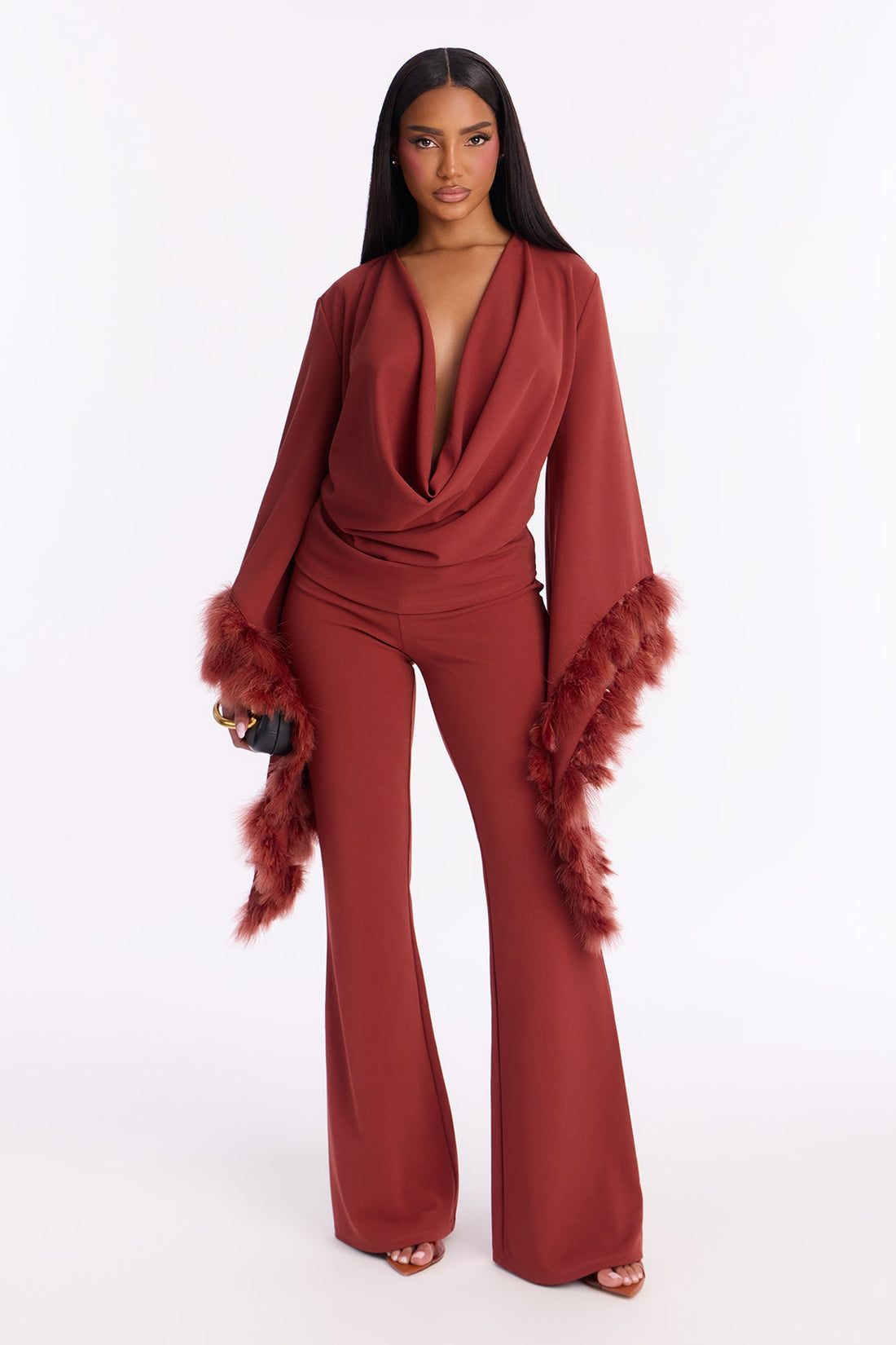 High Maintenance Drama Sleeve Feathered Pant Set - Marsala