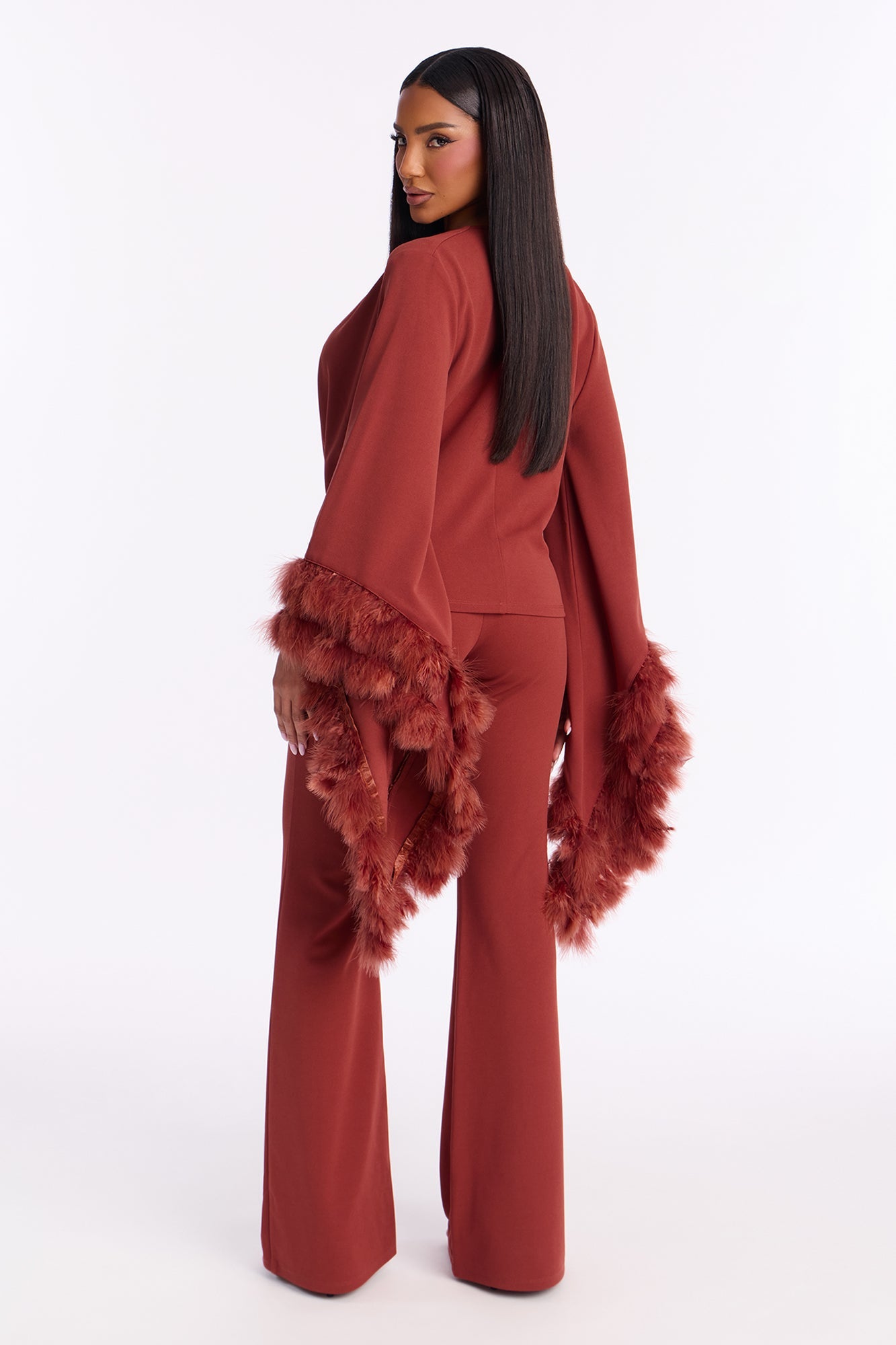 High Maintenance Drama Sleeve Feathered Pant Set - Marsala