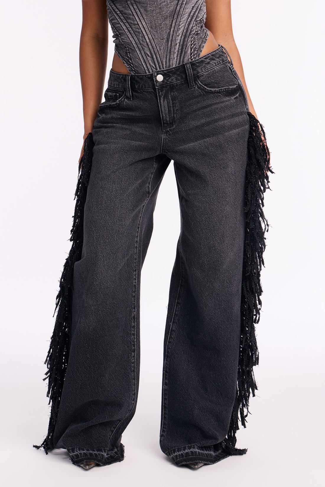 On The Fringes Wide Leg Jeans - Black Wash