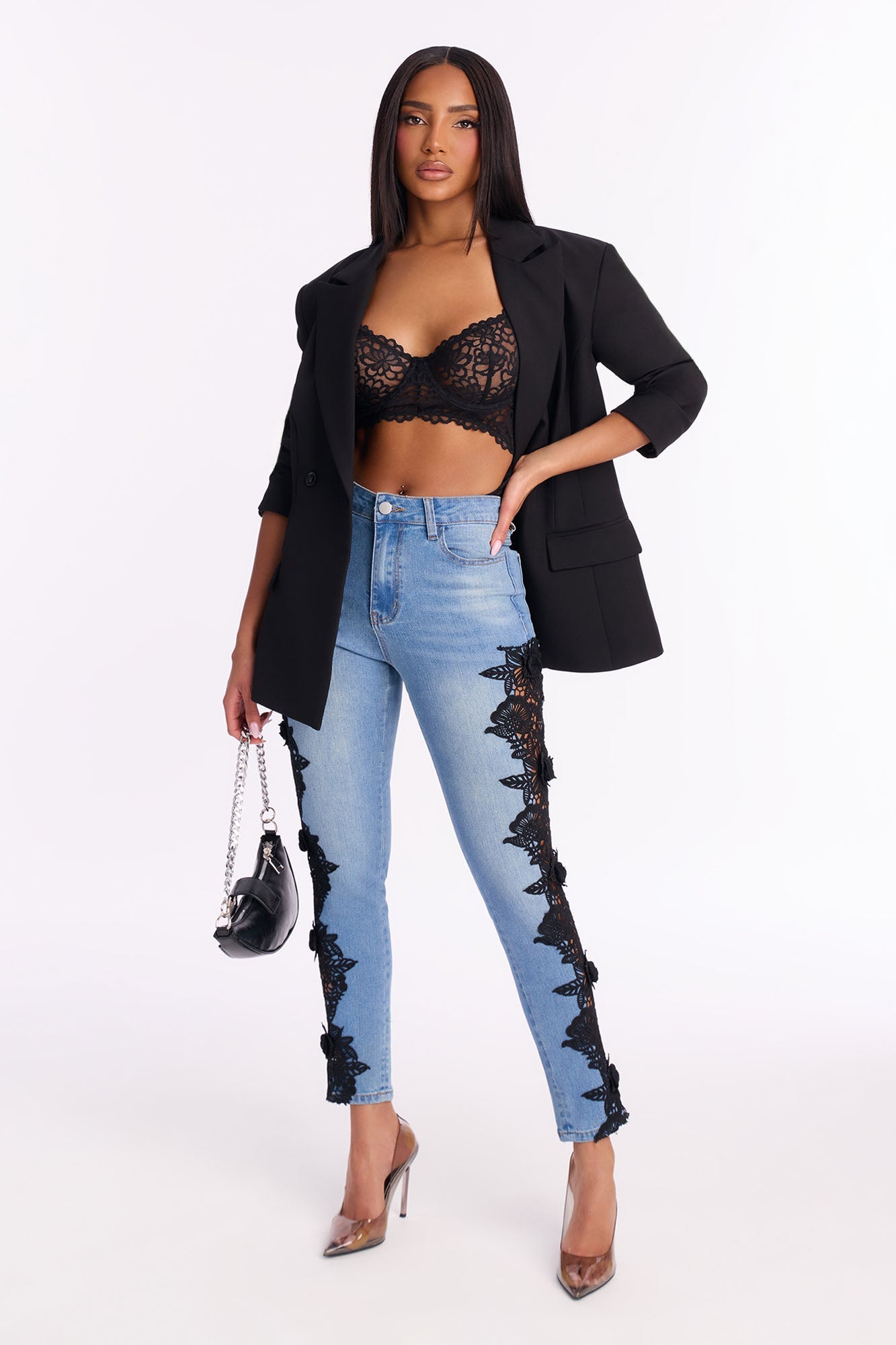 One More Chance Lace Trim Skinny Jeans - Light Wash