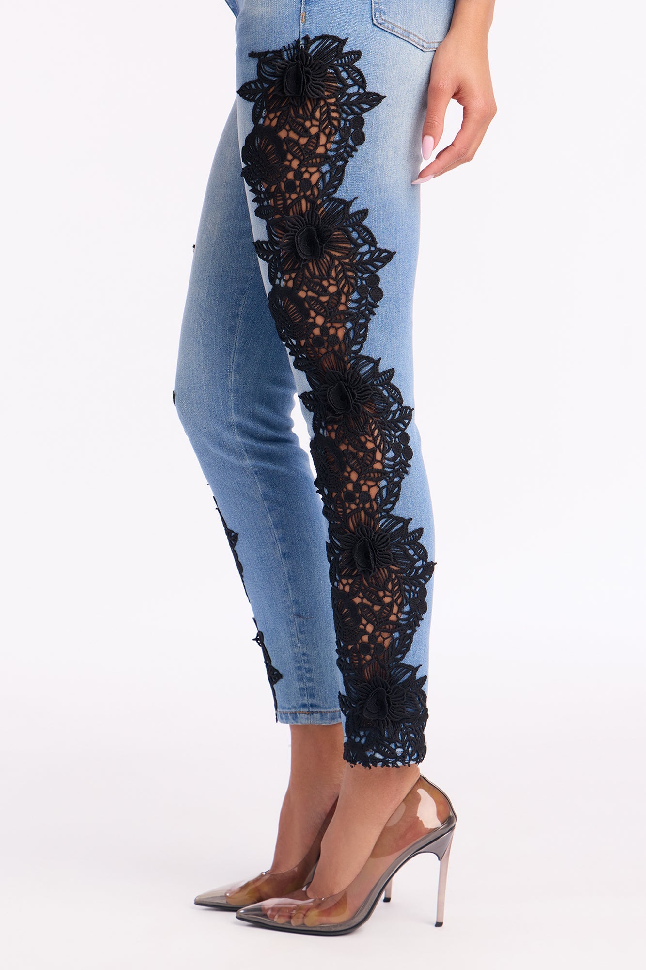 One More Chance Lace Trim Skinny Jeans - Light Wash