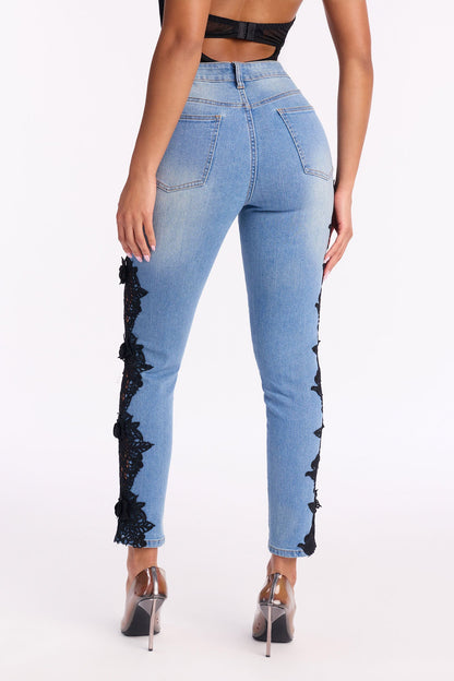 One More Chance Lace Trim Skinny Jeans - Light Wash