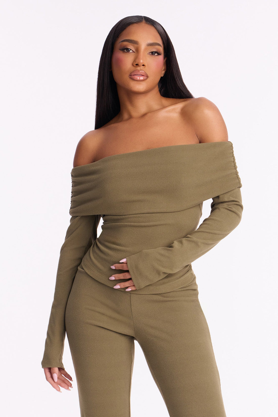 Nora Ribbed Off Shoulder Pant Set - Olive