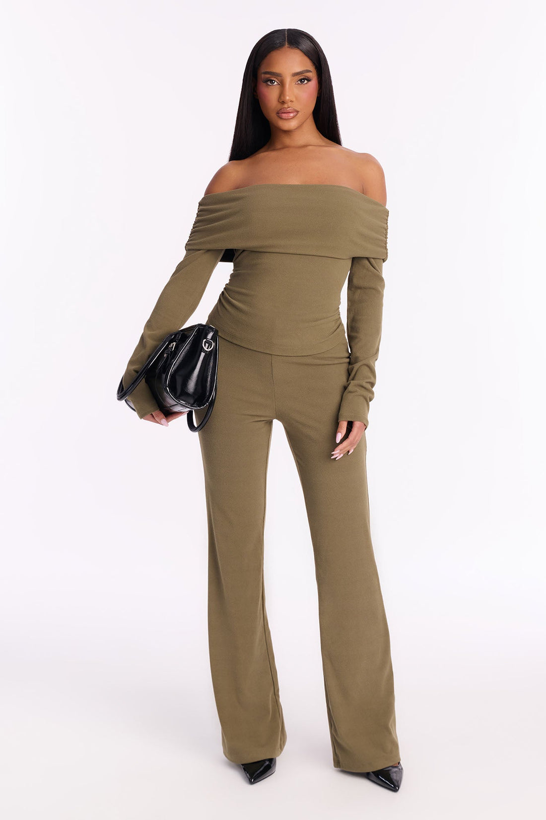 Nora Ribbed Off Shoulder Pant Set - Olive