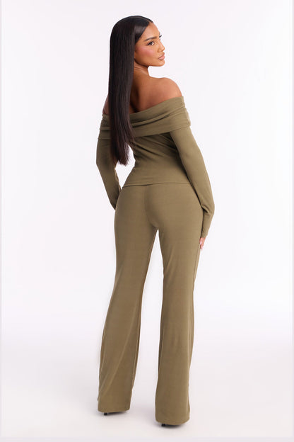 Nora Ribbed Off Shoulder Pant Set - Olive