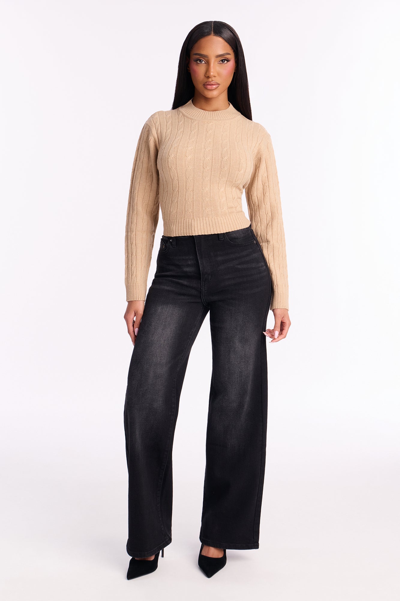 Cozy Mock Neck Cable Knit Sweater - Khaki