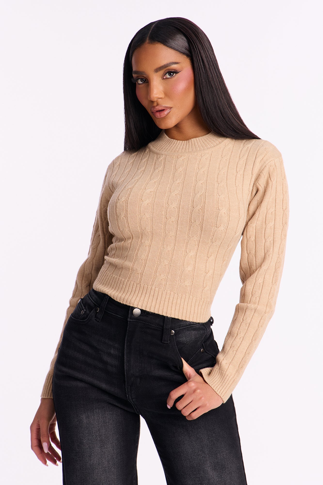 Cozy Mock Neck Cable Knit Sweater - Khaki