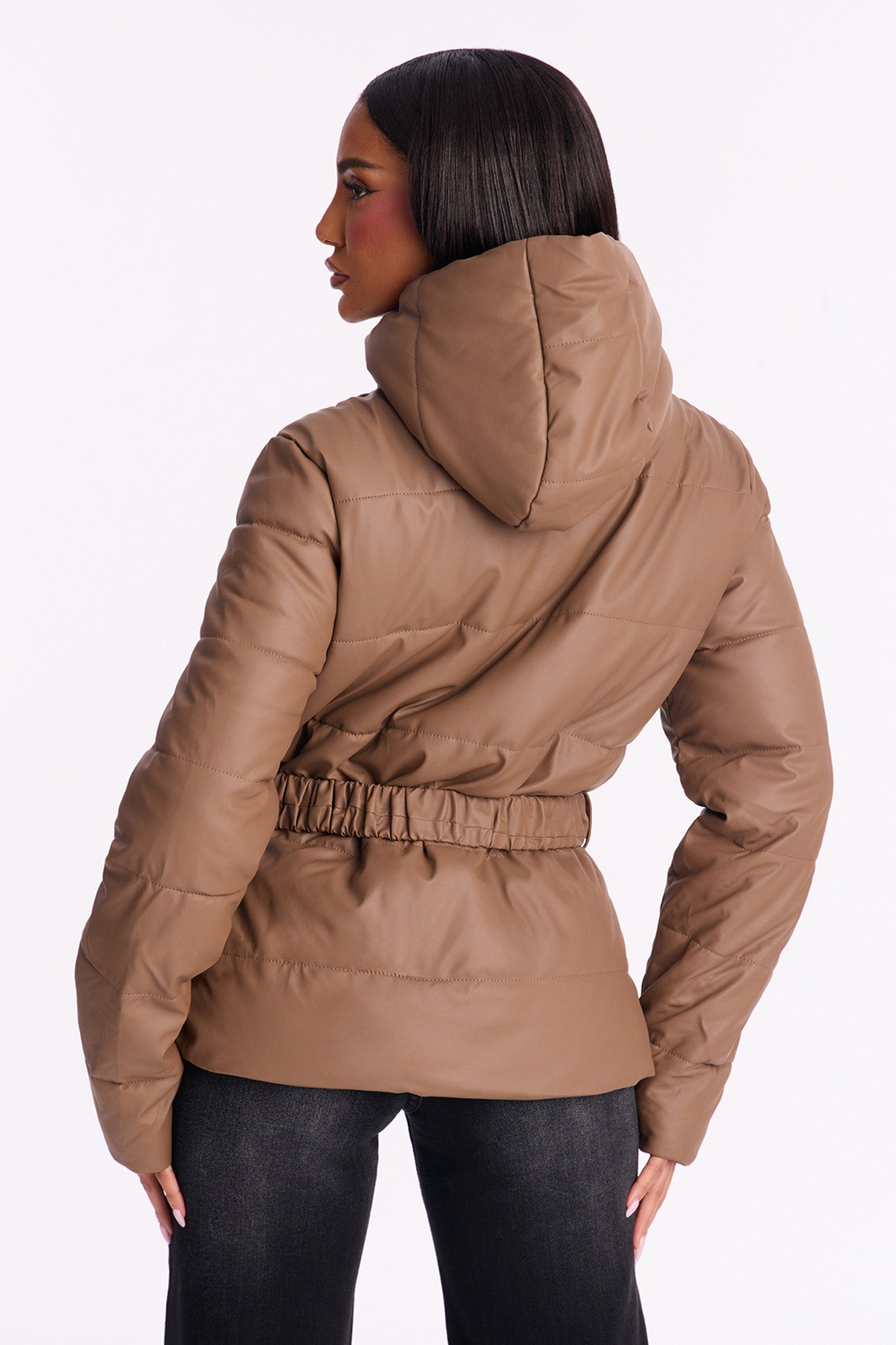 City Nights Faux Leather Puffer Jacket - Brown