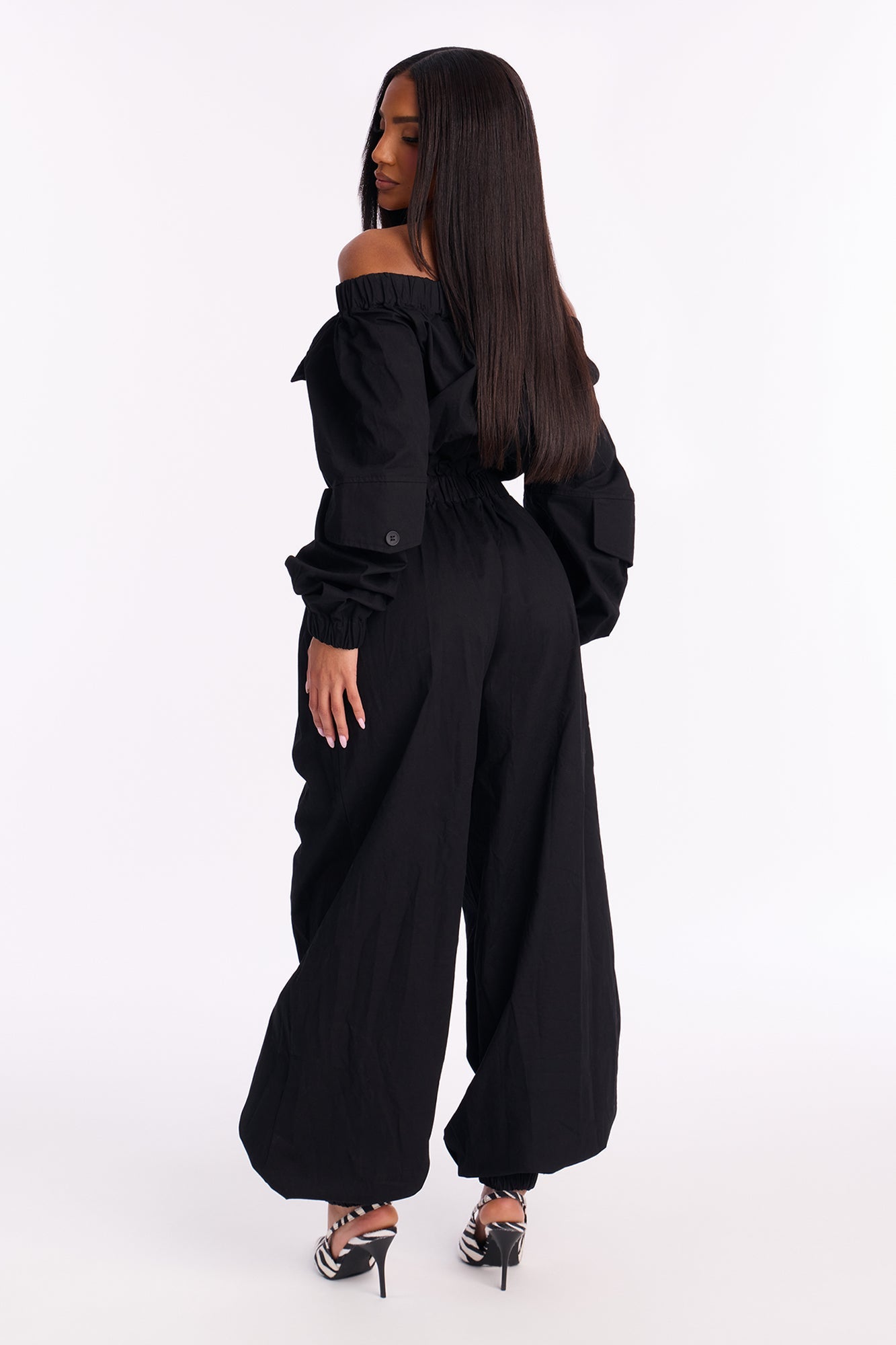 Tasha Off Shoulder Balloon Leg Jumpsuit - Black