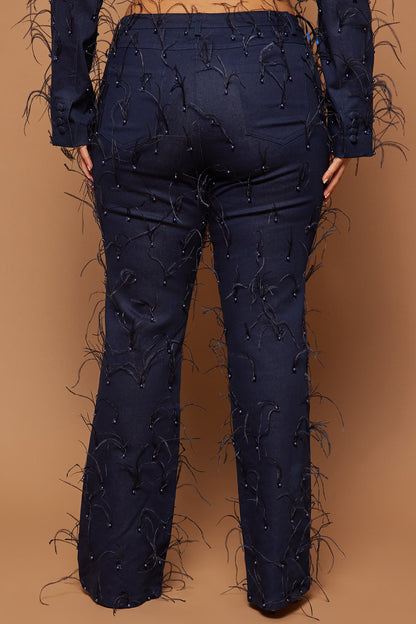 Juliette Embellished Feather Pant - Dark Wash