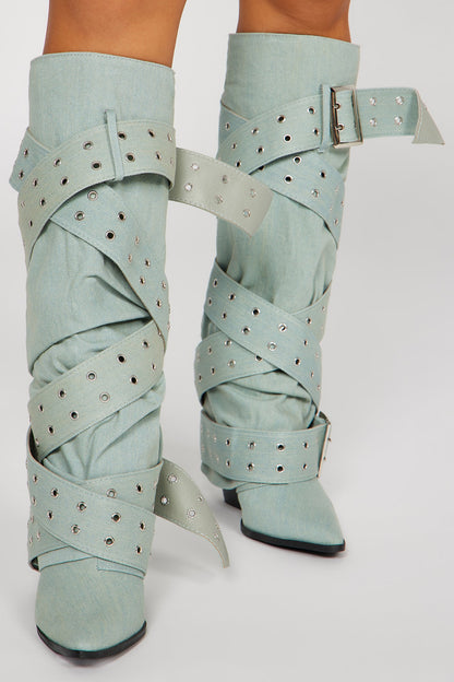 Tie You Down Overlay Boots - Light Wash