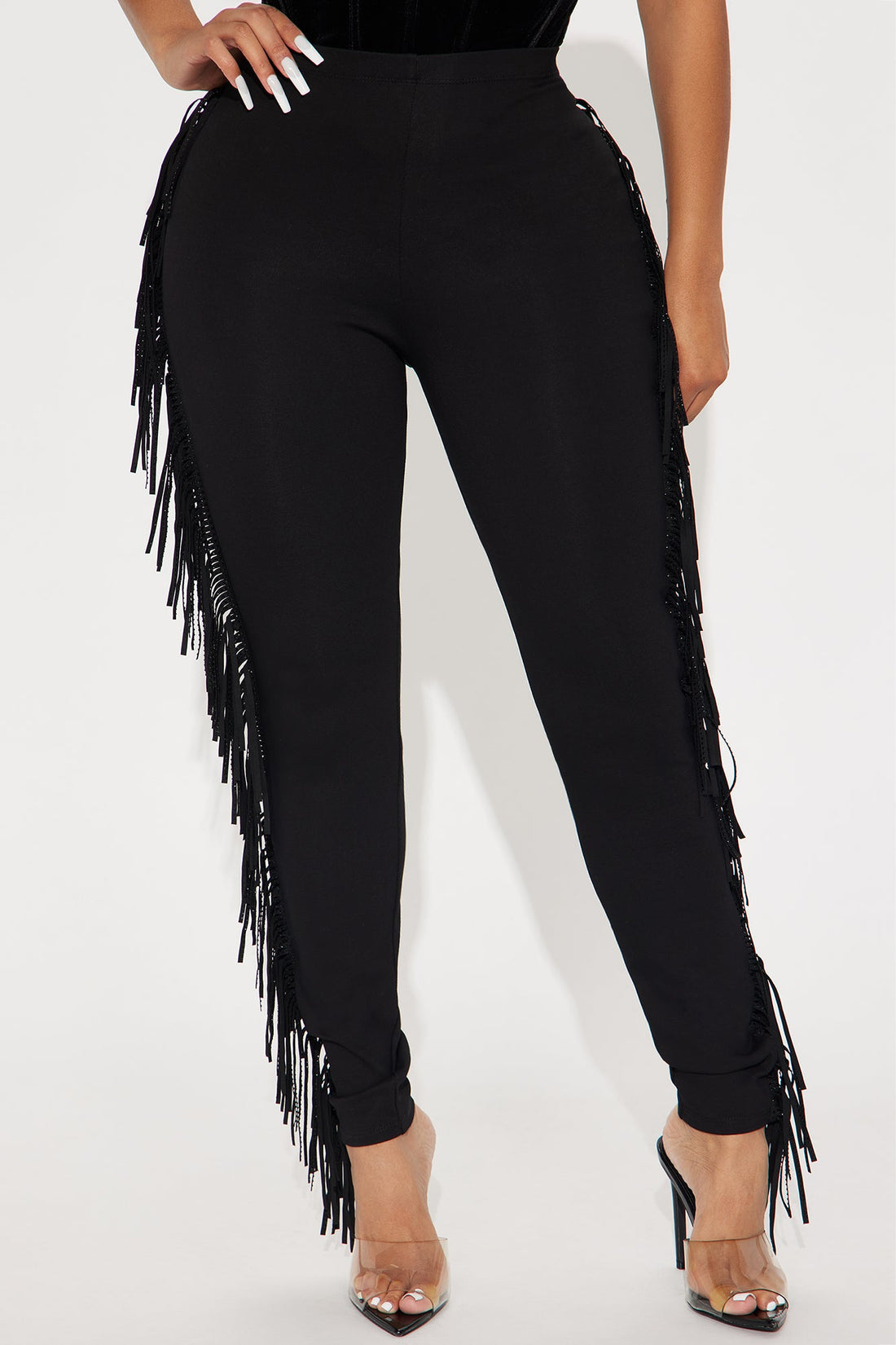 Think Of Me Rhinestone Fringe Legging - Black