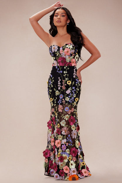 Spring Bloom Floral Embroidered Maxi Dress - Black/combo