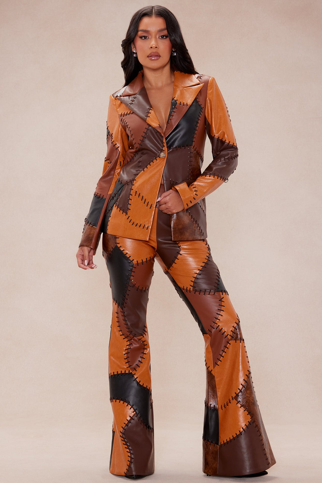 Sally Faux Leather Blazer - Brown/combo