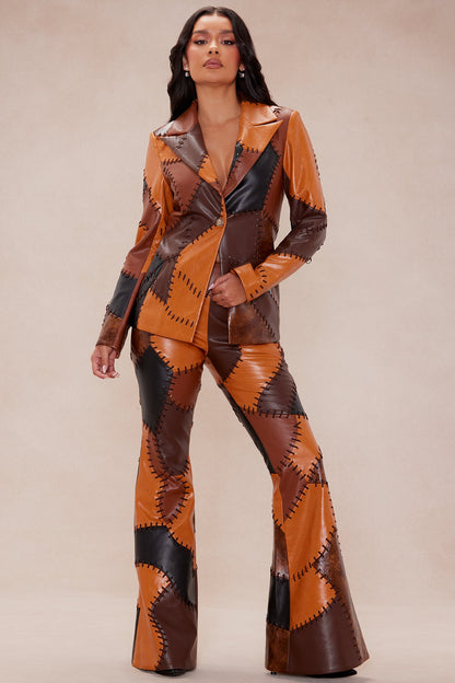 Sally Faux Leather Flare Pant - Brown/combo