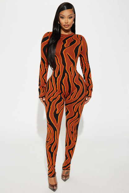 Up In Flames Sweater Jumpsuit - Rust/combo