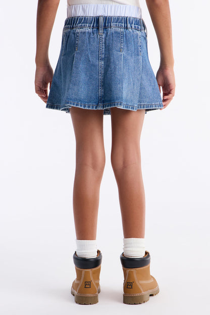 Mini Von Dutch Boxer Pleated Denim Skirt - Light Wash