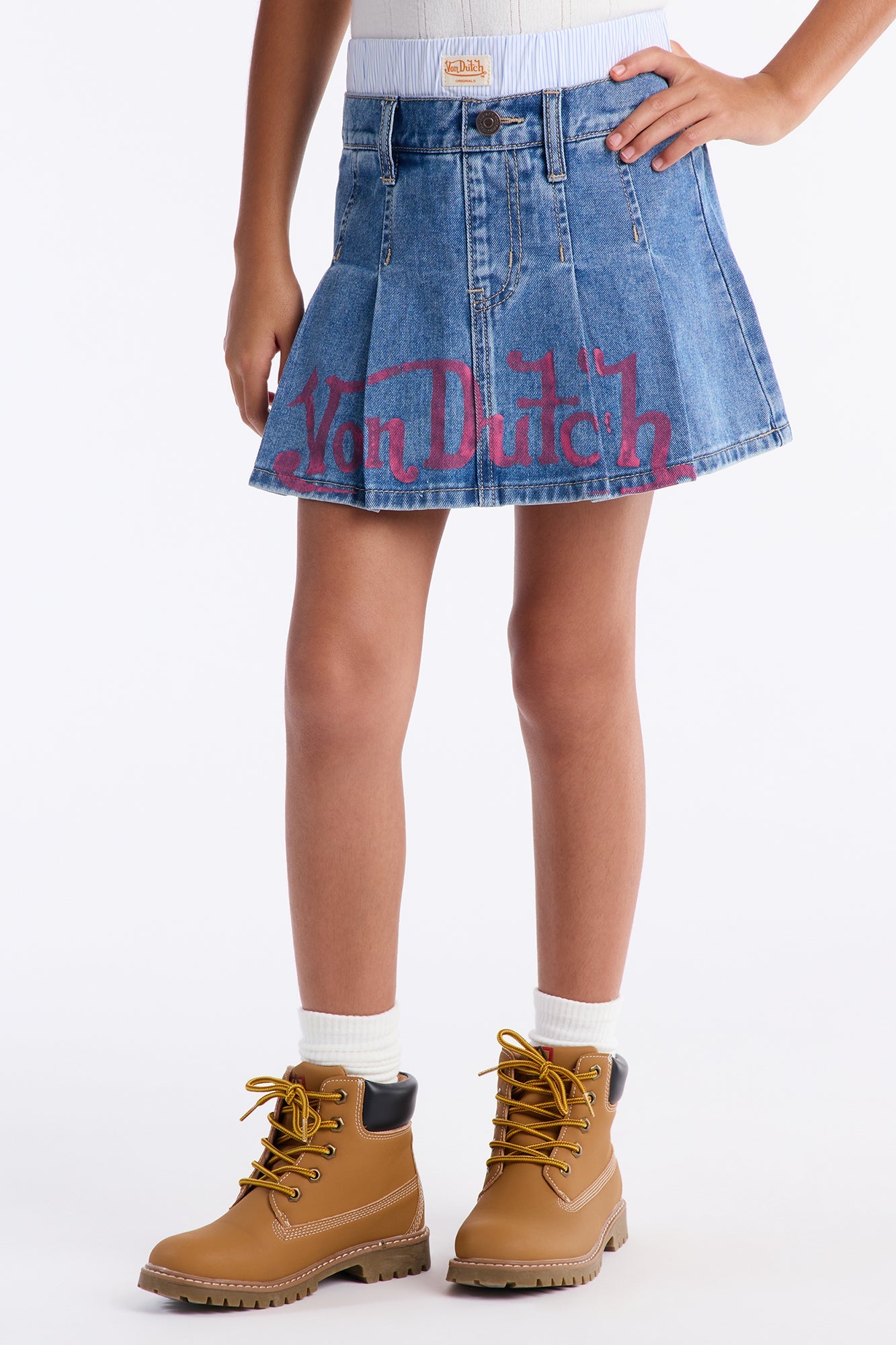 Mini Von Dutch Boxer Pleated Denim Skirt - Light Wash