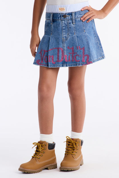 Mini Von Dutch Boxer Pleated Denim Skirt - Light Wash