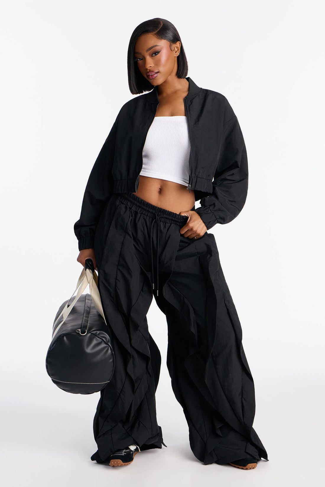 Iris Windbreaker Ruffled Pant Set - Black