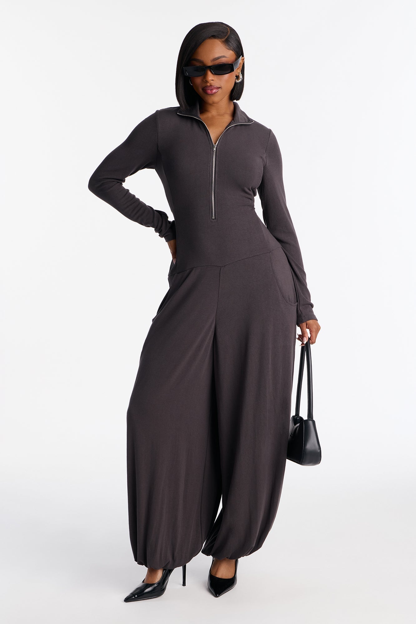 Catching The Vibes Balloon Wide Leg Jumpsuit - Charcoal