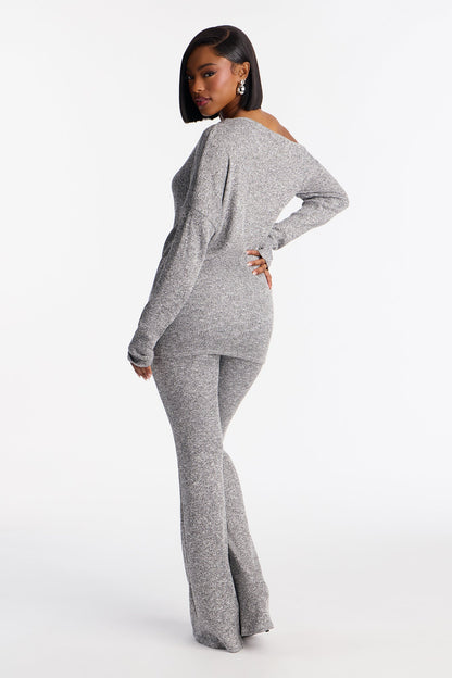 Tia Off Shoulder Flare Pant Set - Grey
