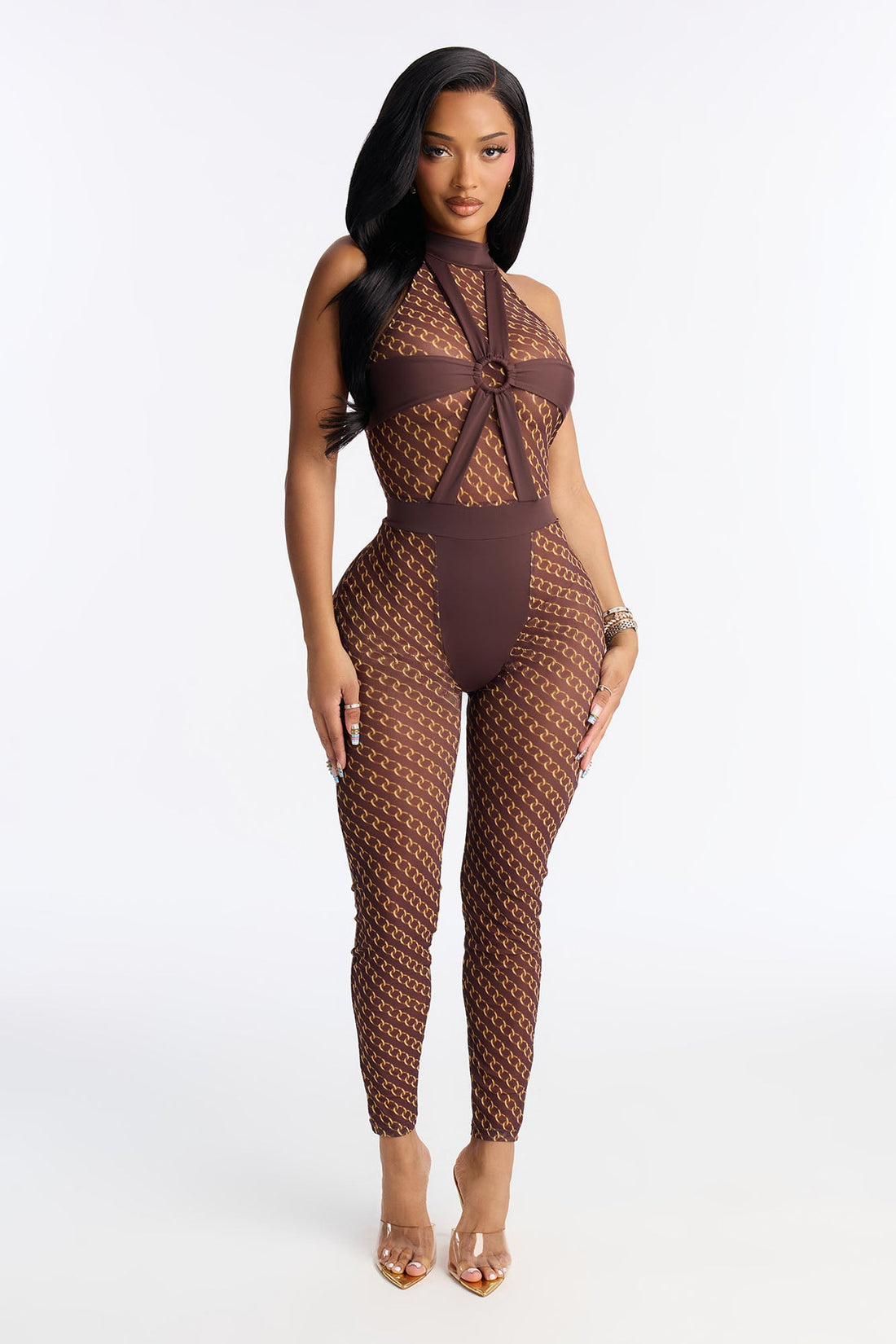 Cross Your Mind Mesh Jumpsuit Bodystocking - Brown/combo