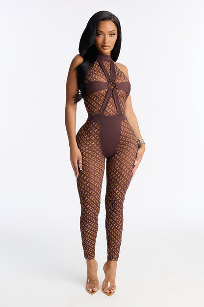 Cross Your Mind Mesh Jumpsuit Bodystocking - Brown/combo