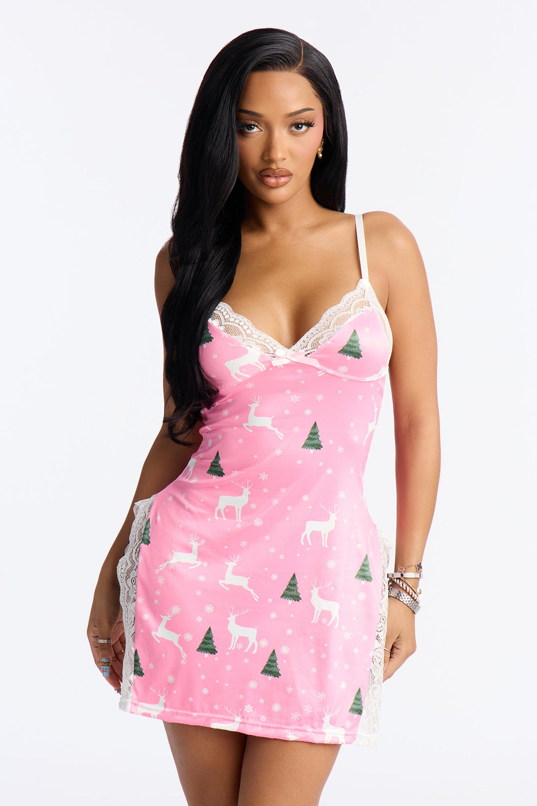 Kissmas Eve Lace Trim Chemise - Pink