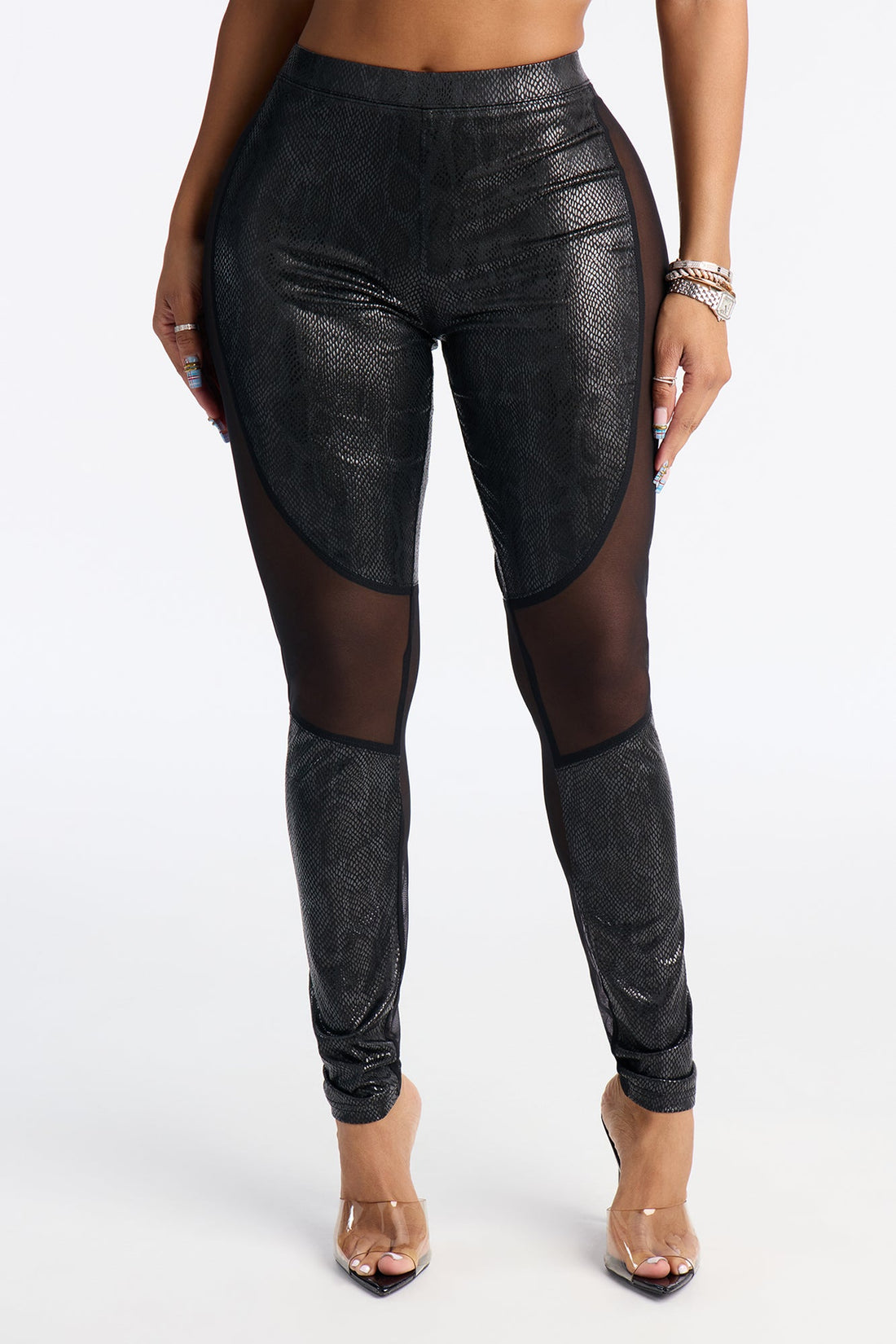 Sadie Mid Rise Mesh Cut Out Coated Legging - Black