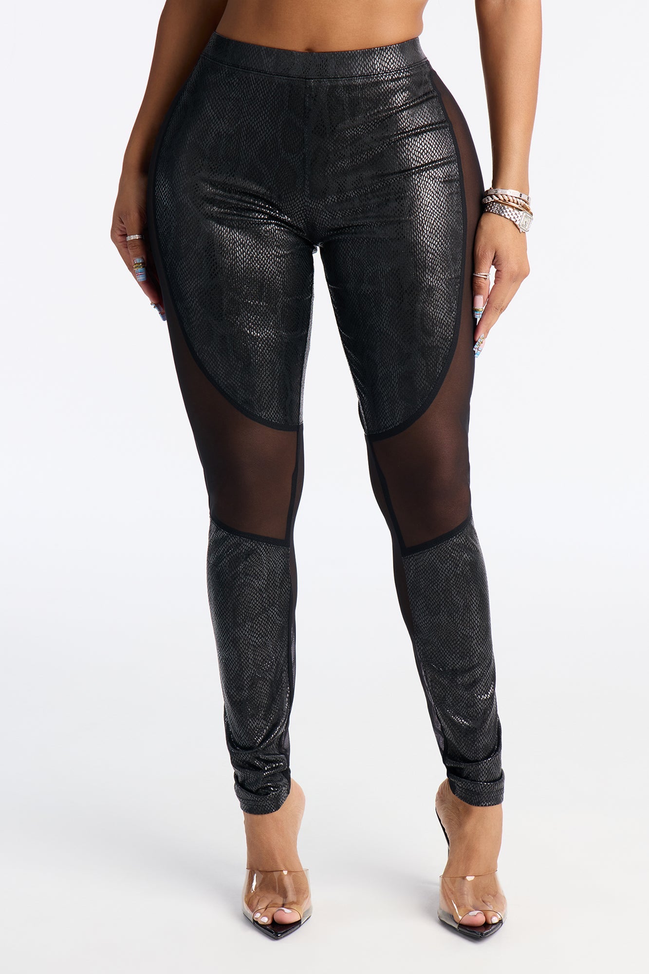 Sadie Mid Rise Mesh Cut Out Coated Legging - Black