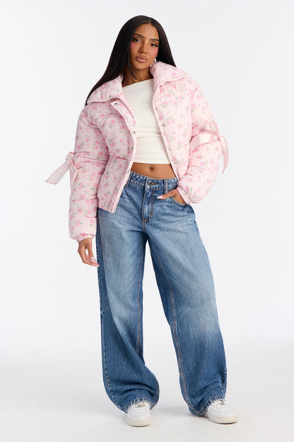 Coquette Touch Floral Puffer Jacket - Pink/combo