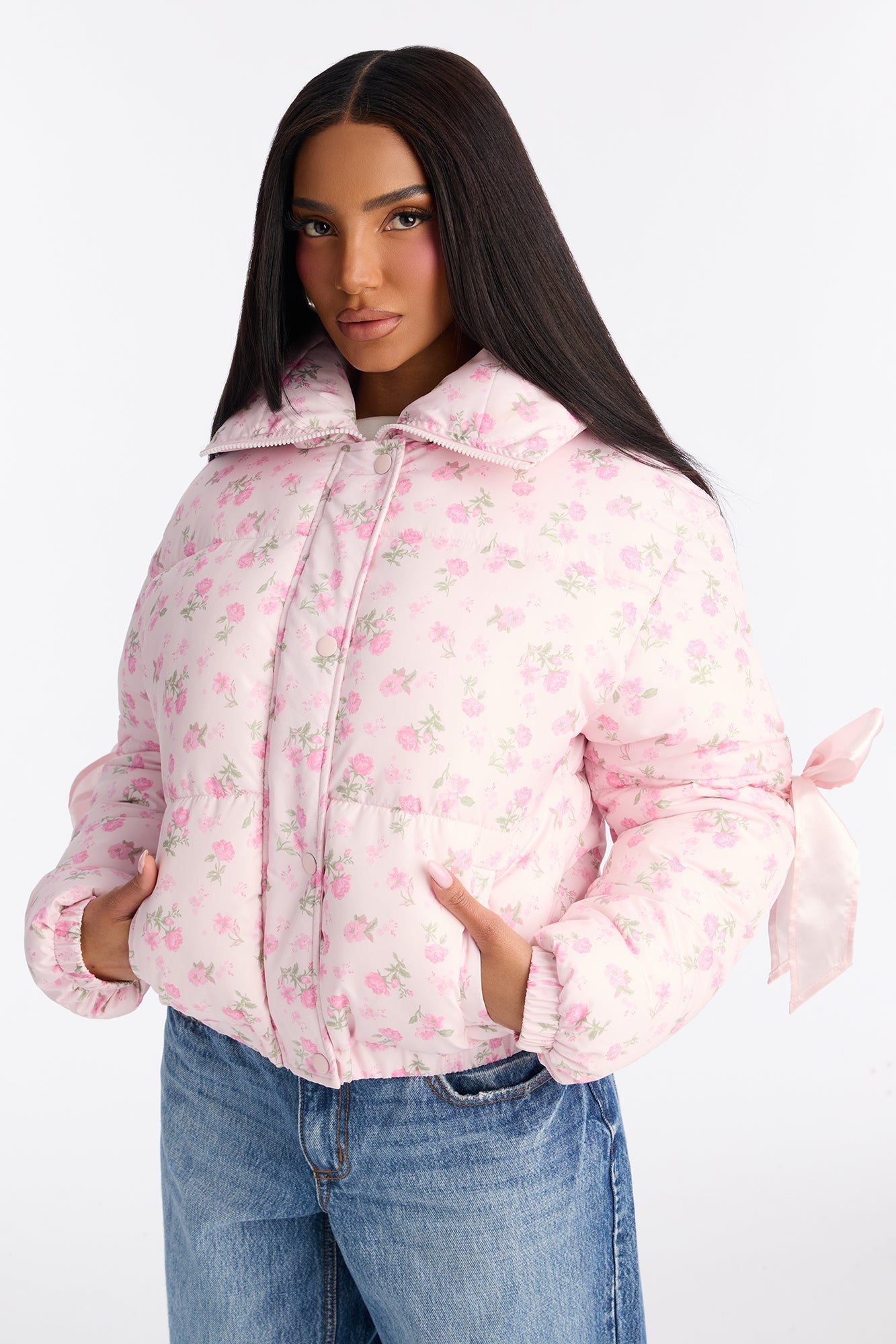 Coquette Touch Floral Puffer Jacket - Pink/combo