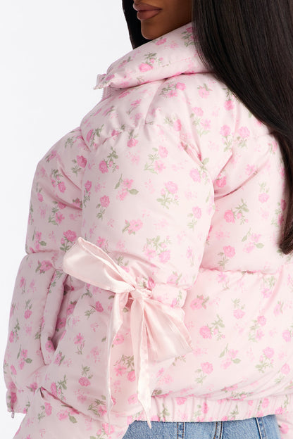 Coquette Touch Floral Puffer Jacket - Pink/combo