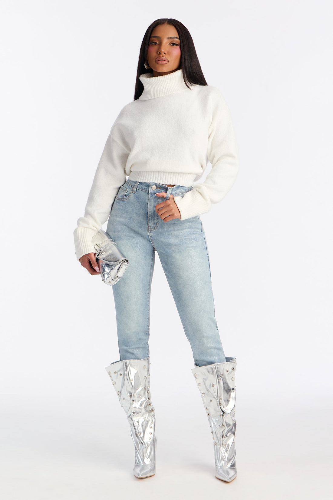 All That Glitter Foil Stretch Skinny Jeans - Light Wash