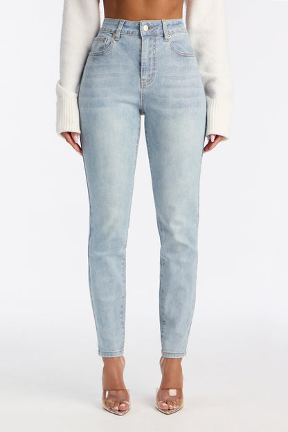 All That Glitter Foil Stretch Skinny Jeans - Light Wash