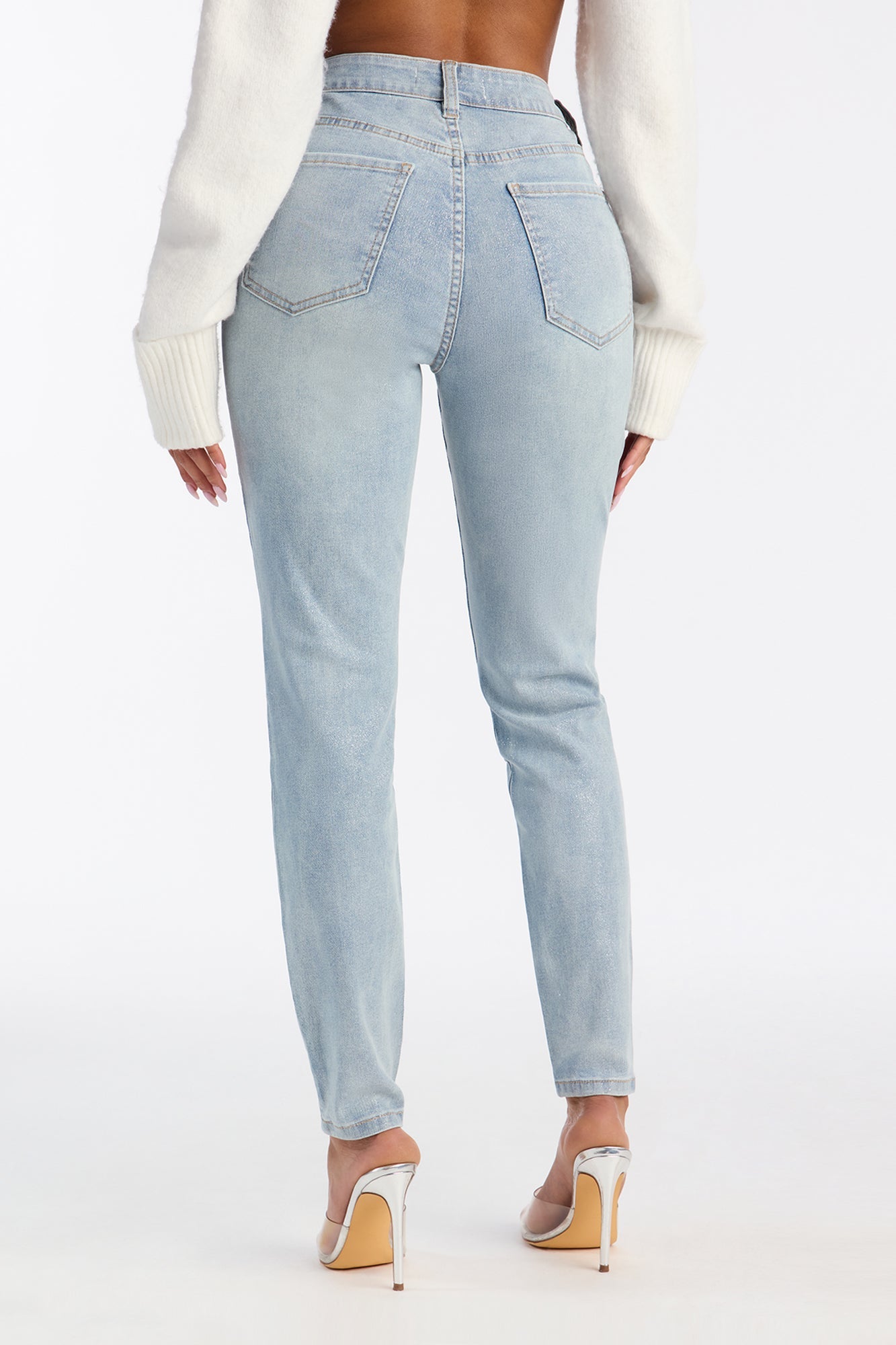 All That Glitter Foil Stretch Skinny Jeans - Light Wash