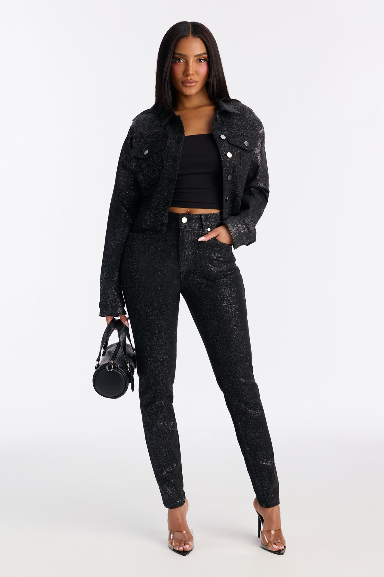 Past Midnight Glitter Foil Skinny Jeans - Black
