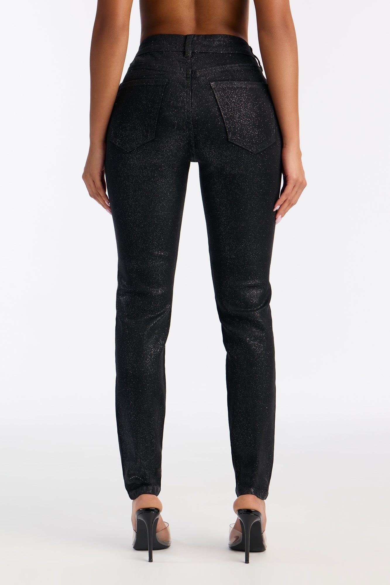 Past Midnight Glitter Foil Skinny Jeans - Black