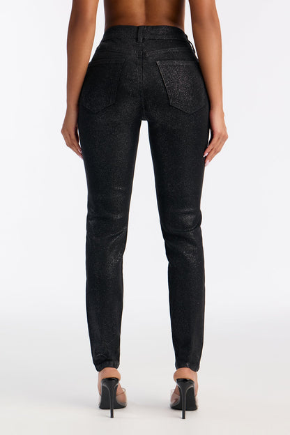 Past Midnight Glitter Foil Skinny Jeans - Black