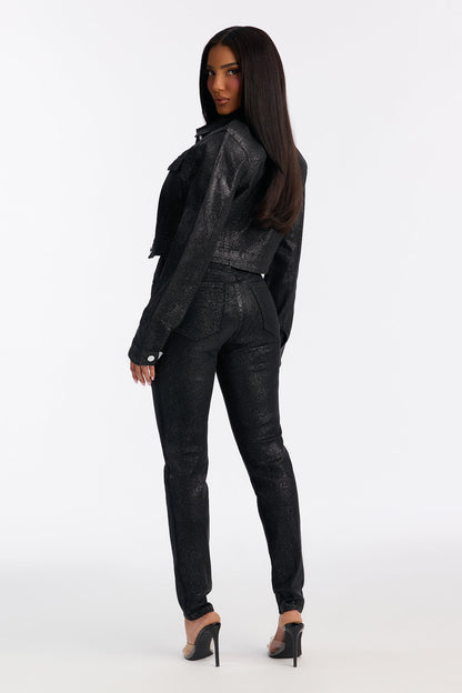 Past Midnight Glitter Foil Skinny Jeans - Black