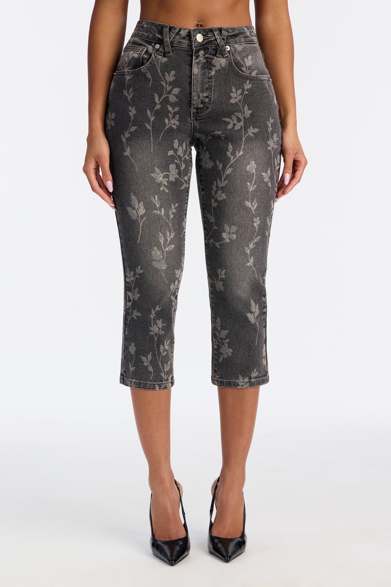Midnight Fleur Stretch Skinny Capri Jeans - Grey