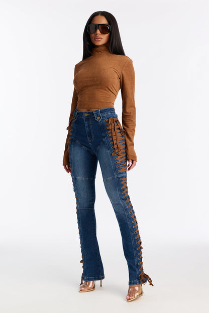 Petite Jaw Dropper Stretch Lace Up Bootcut Jeans - Dark Wash