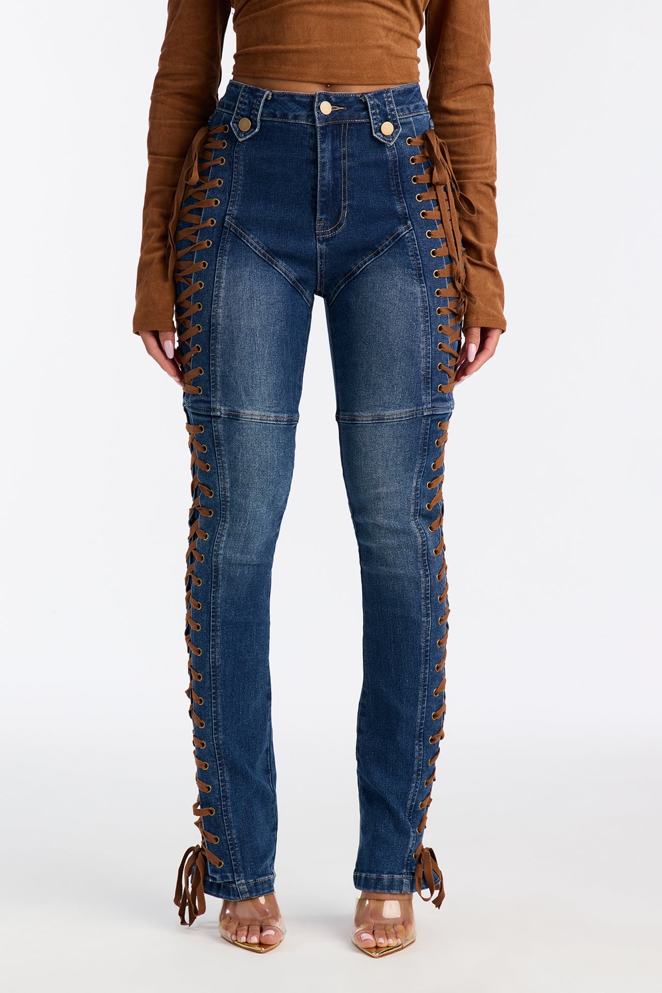 Petite Jaw Dropper Stretch Lace Up Bootcut Jeans - Dark Wash